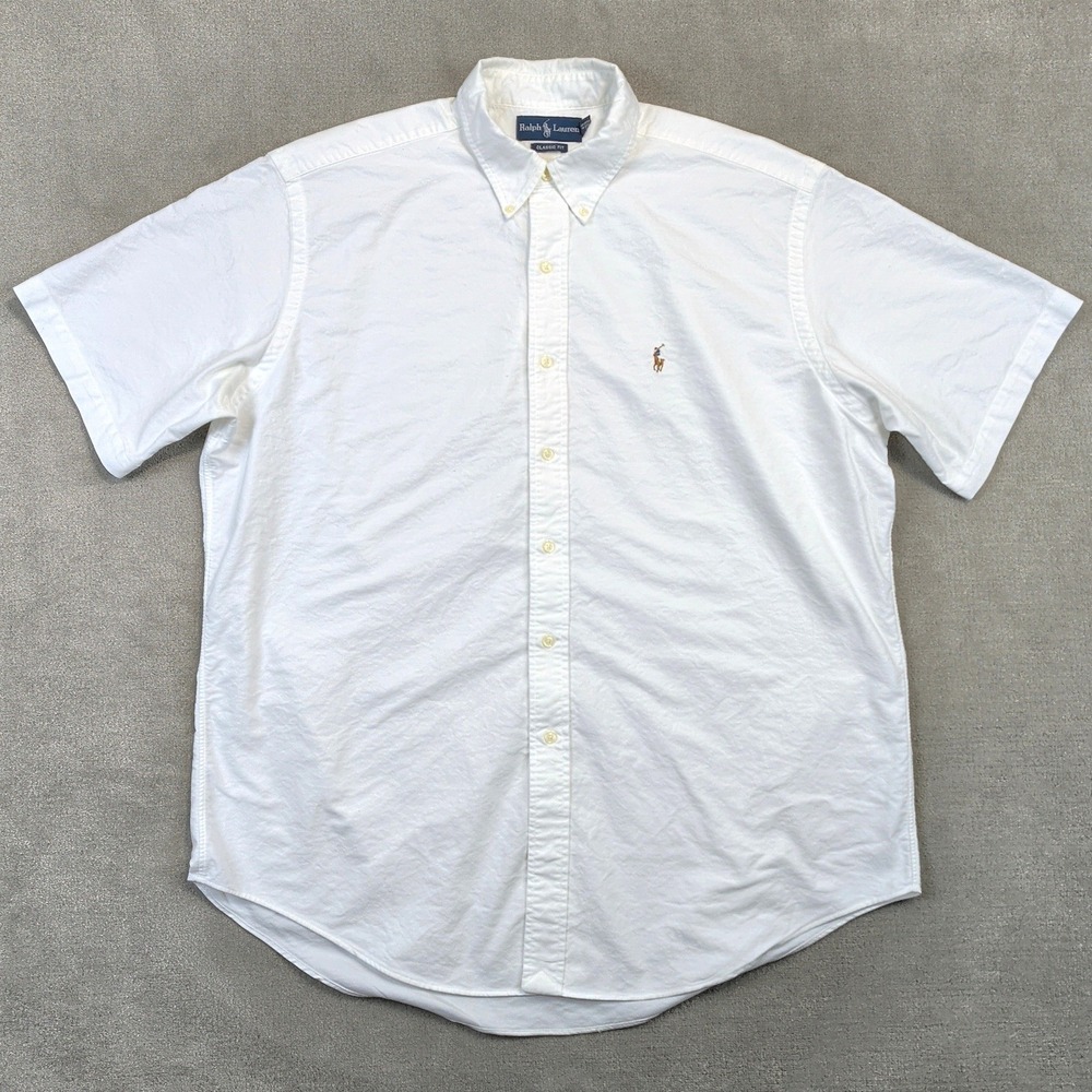 Ralph Lauren Mens XL White Short Sleeve Oxford Button Down Classic Flesh Pony